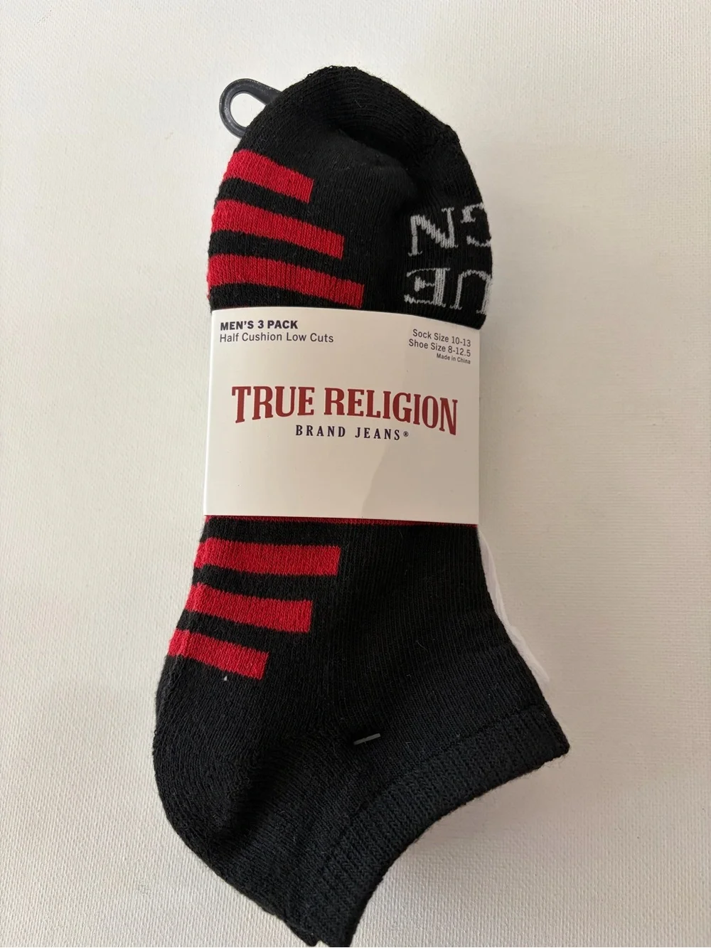 True Religion Mens 3 Pack Half Cushion Low Cut Socks Black Red White Size 10-13